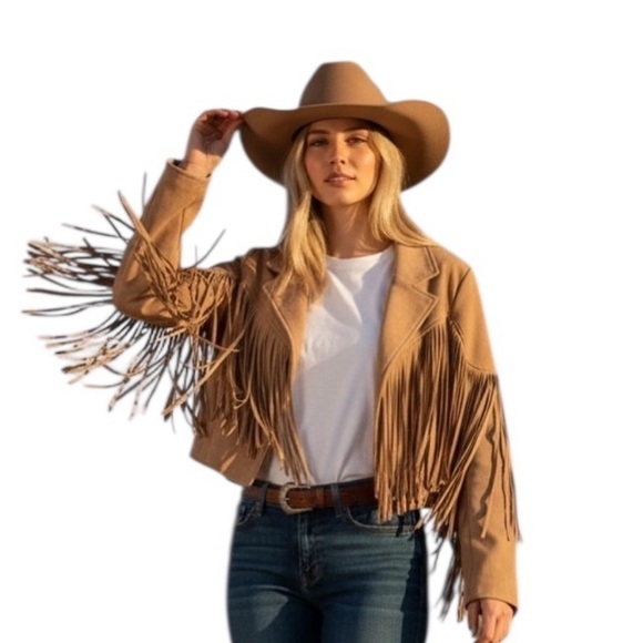 Altar'd State Jackets & Blazers - Altar'd State Camel Fringe Faux Suede Cropped Blazer